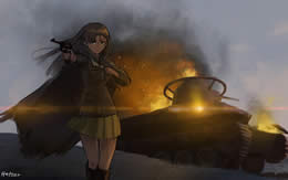 ガールズ＆パンツァー 西絹代 知波単学園 炎上する97式中戦車 銃を構える サムネイル